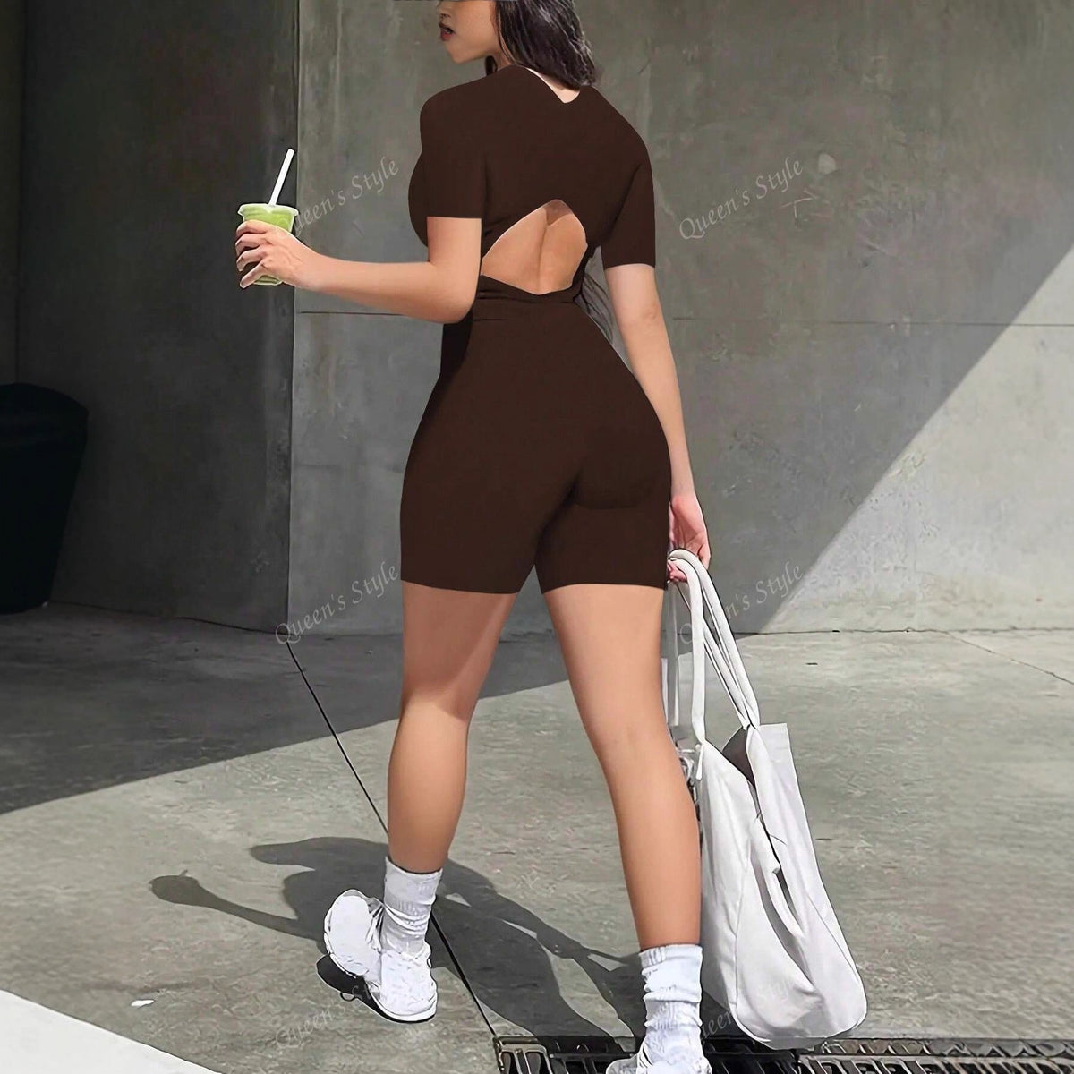 Women's Short-Sleeve Bodycon Jumpsuit with Zipper
