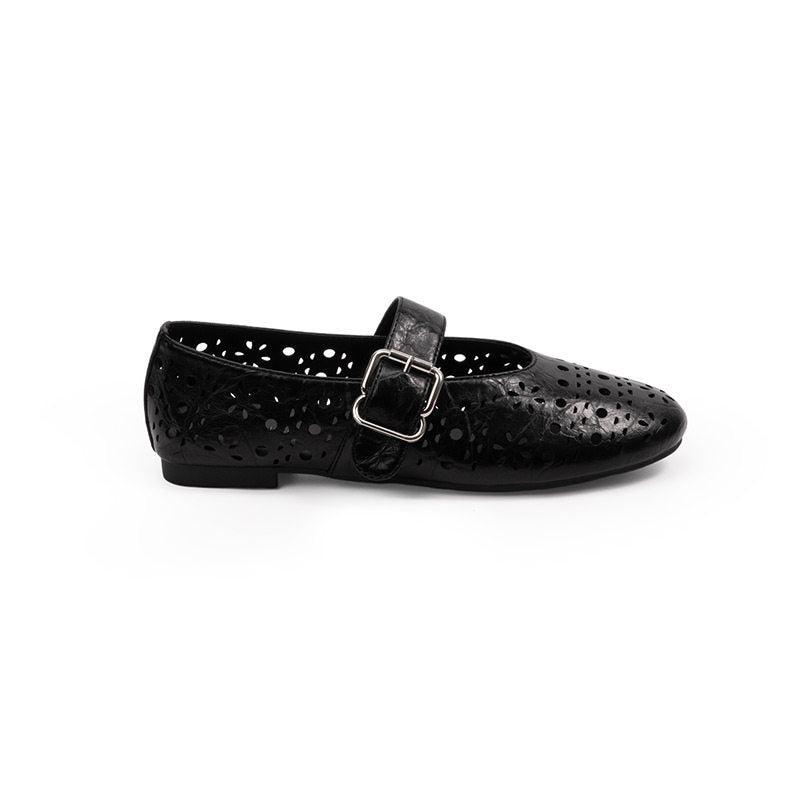 Women's Ballet Flats with Floral Cut-Outs and Adjustable Strap
