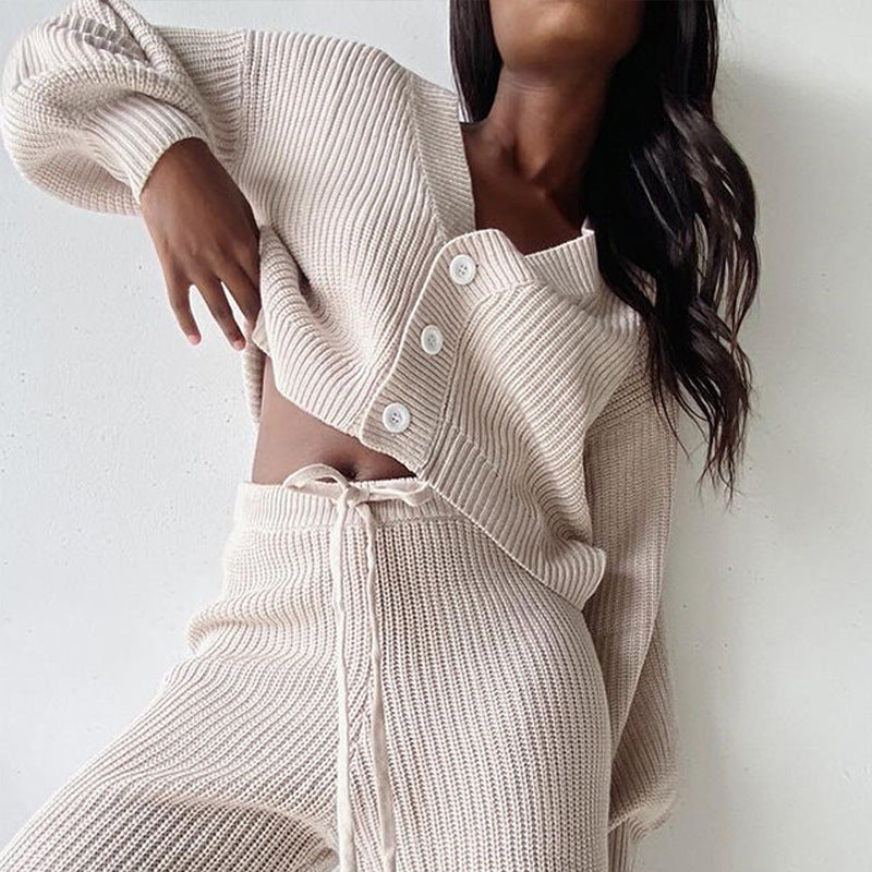 Women's Knit Loungewear Set with Buttons and Drawstring