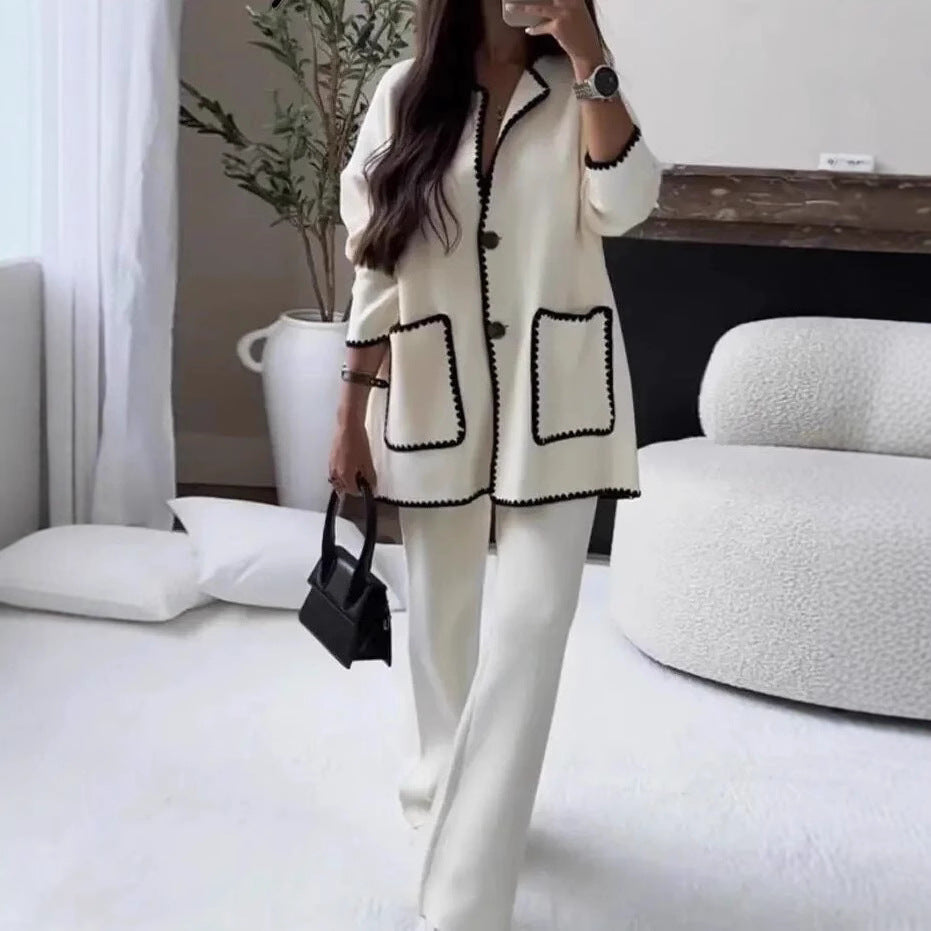 Women's Fashionable Cardigan Suit with Contrast Stitching