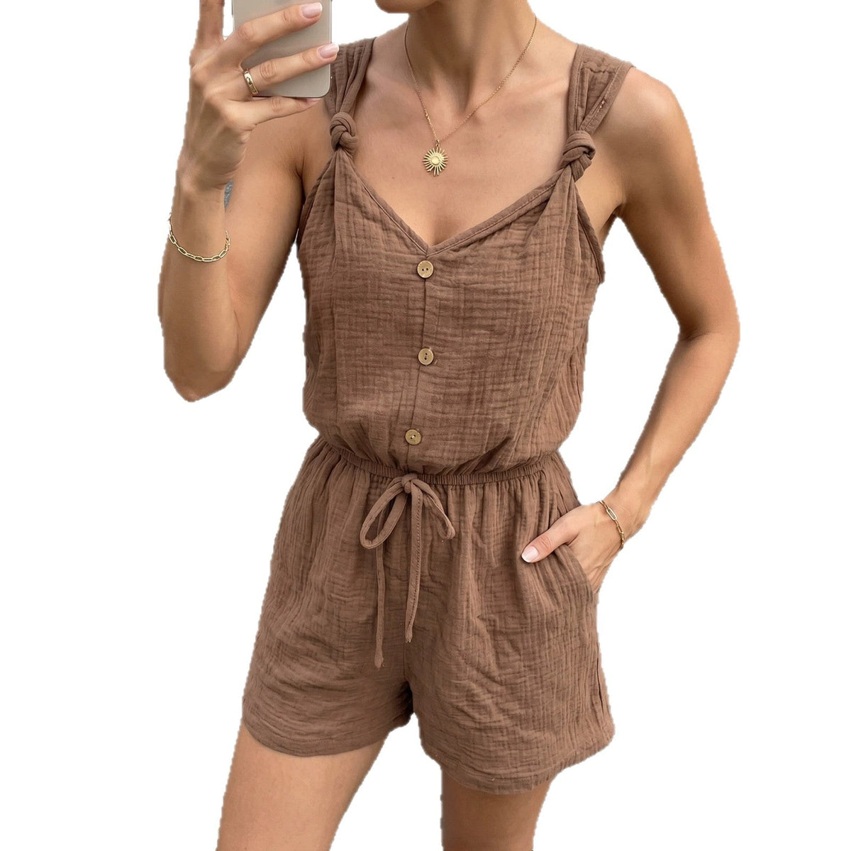 Women's Casual Jumpsuit with Buttoned V-Neck and Elastic Waist