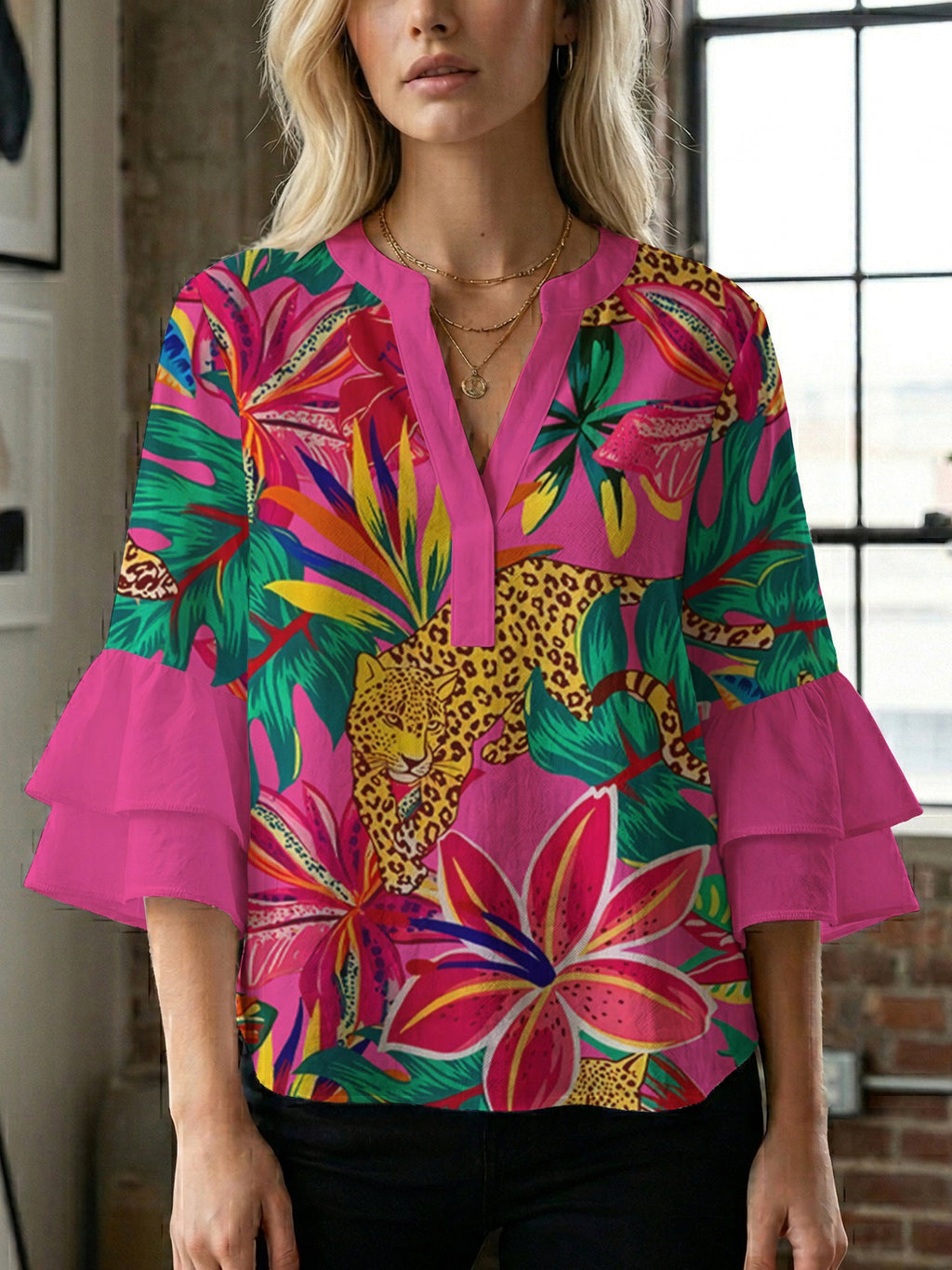 Casual Blouse with Ruffle Sleeves and Botanical Print