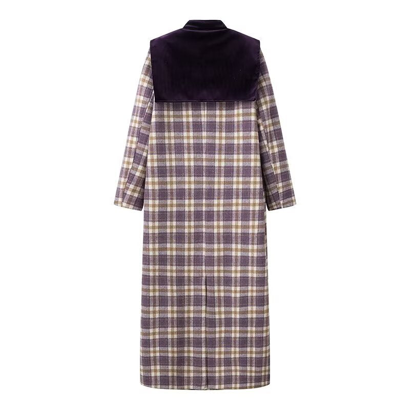Women's Plaid Trench Coat with Luxurious Velour Details