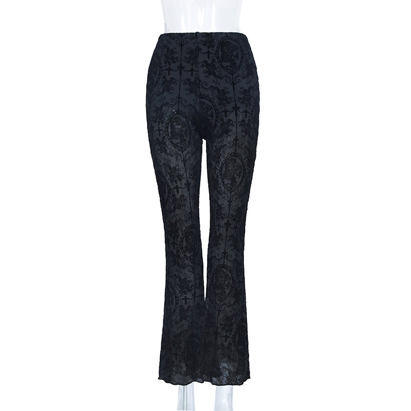Women's Elegant High-Waisted Lace Pants with Tasteful Pattern