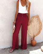Women's Elegant High-Waisted Wide-Leg Pants with Button Detail