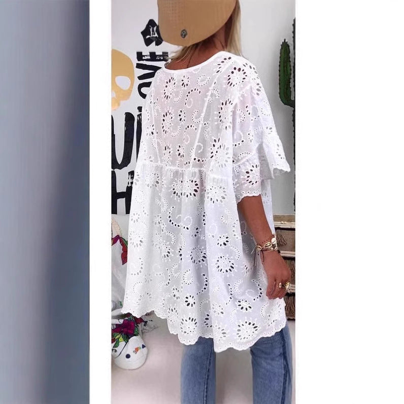 Women's Blouse with Floral Embroidery and Wide Sleeves