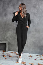 Women's Casual Long-Sleeve Wrap Jumpsuit with Elastic Waist