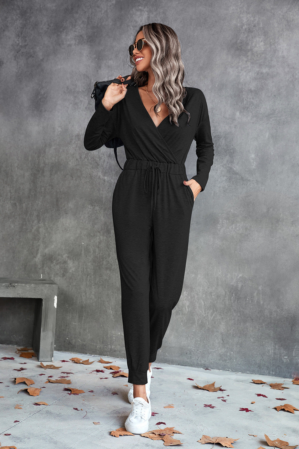 Women's Casual Long-Sleeve Wrap Jumpsuit with Elastic Waist