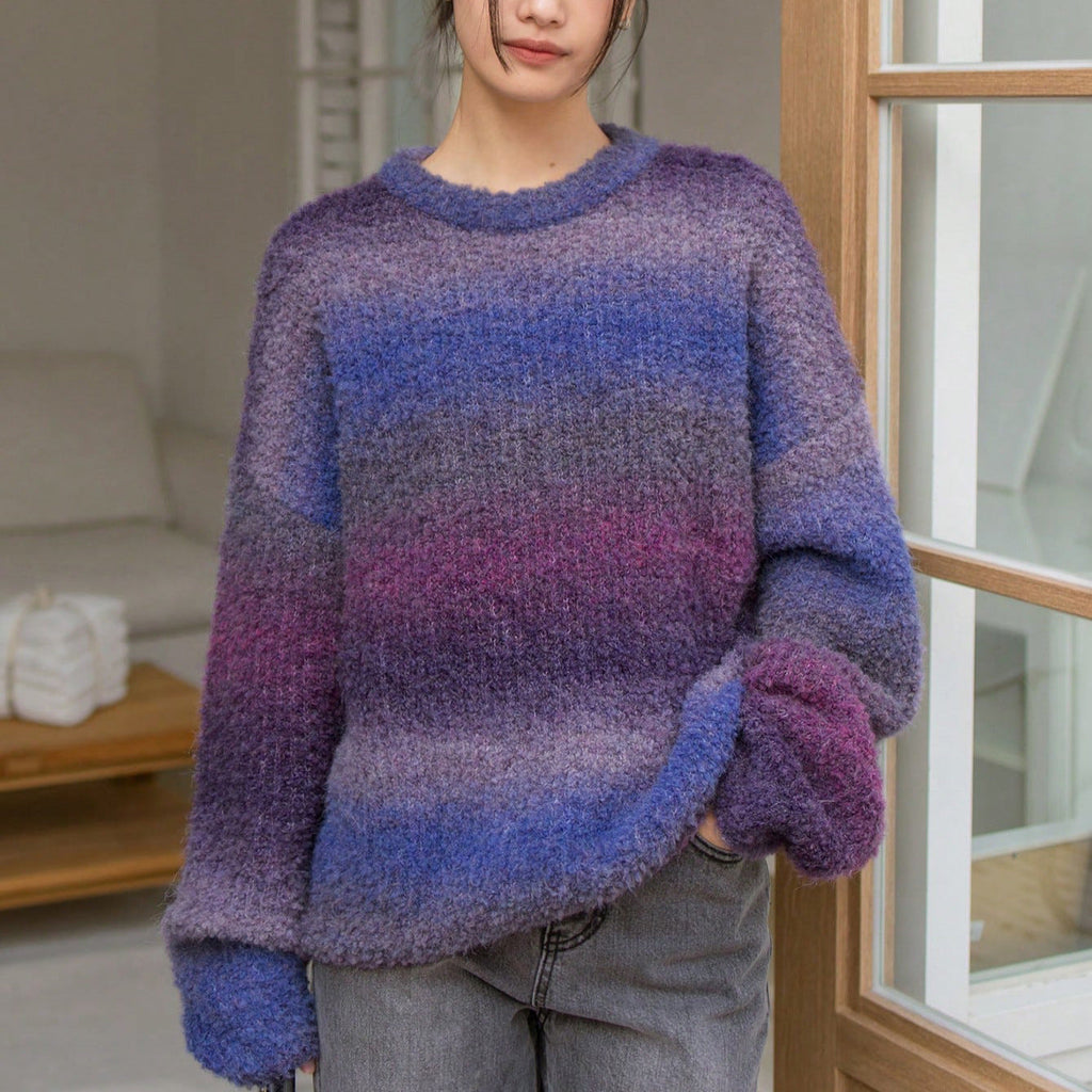 Women's Fluffy Sweater with Textured Gradient and Loose Fit