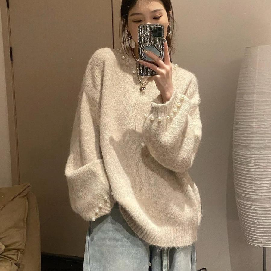 Elegant Sweater with Pearl Design and Relaxed Fit