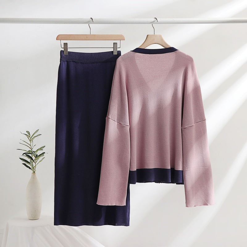 Women's Elegant Knit Set with Deep V-Neck and Contrast Details