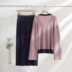 Women's Elegant Knit Set with Deep V-Neck and Contrast Details