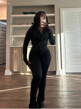 Figure-Hugging Tracksuit with Zipper and Flared Leg