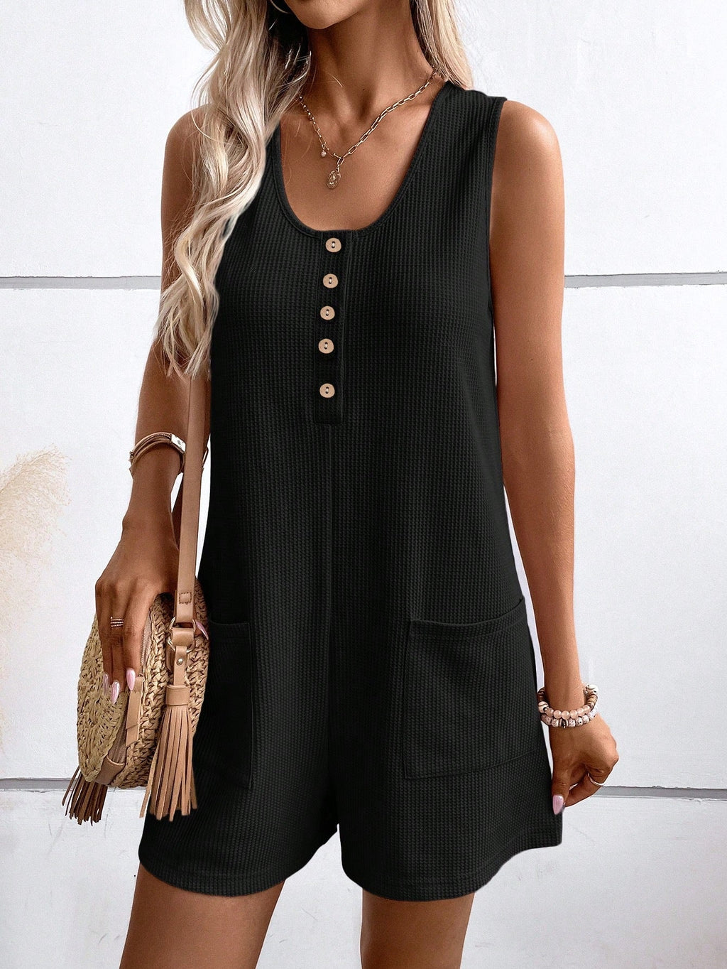 Women's Short-Sleeve Jumpsuit with Button Details and Practical Pockets