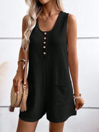 Women's Short-Sleeve Jumpsuit with Button Details and Practical Pockets