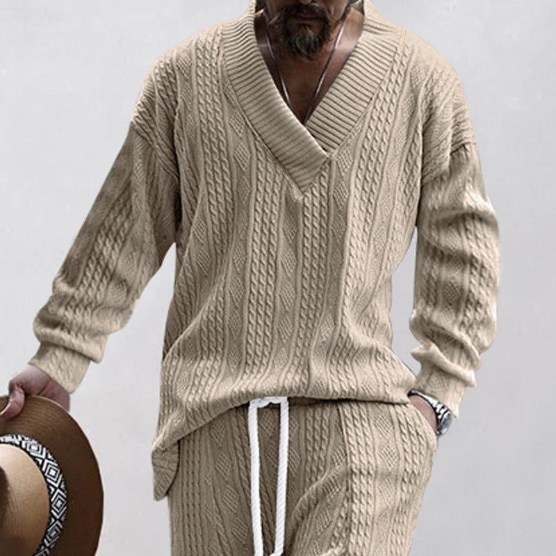 Men's cable knit set with deep V-neck and drawstring joggers