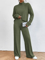 Women's Chunky Knit Two-Piece Set with High Collar and Wide Cut