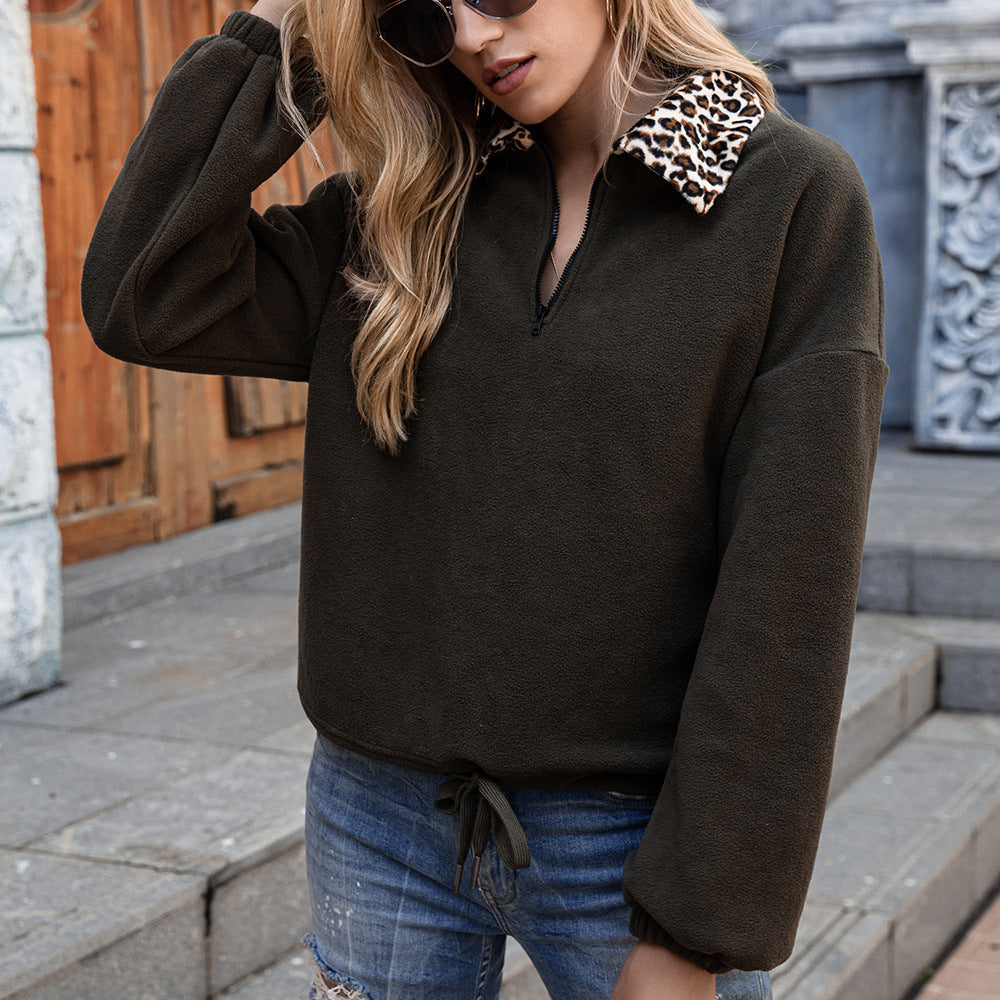 Women's Fleece Sweater with Animal Print Collar