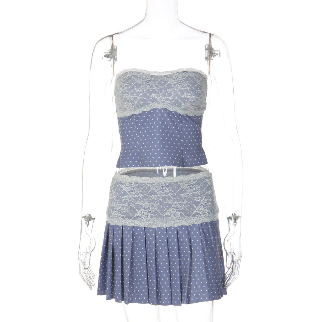 Women's Bandeau Dress with Lace Trim and Pleats