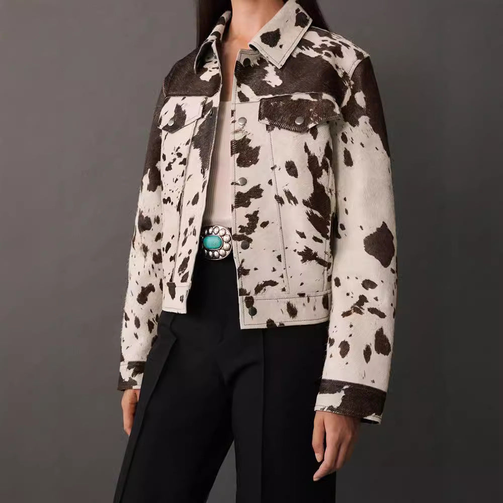 Women's Casual Cow-Print Denim Jacket