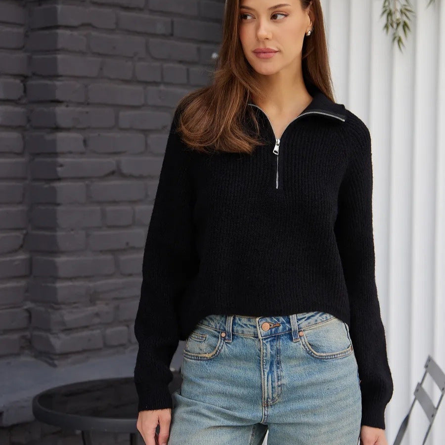Women's Cozy Pullover with Collar and Zipper