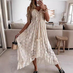 Boho Maxi Dress with Lace Accents and Decorative Tassels