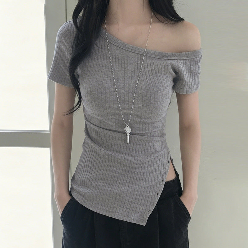 Women's Asymmetrical Short Sleeve Top with Button Details