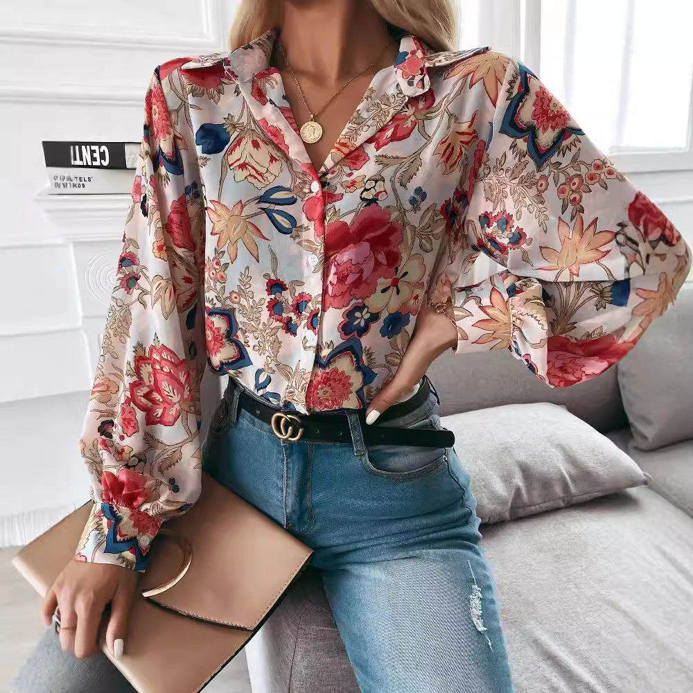 Women's Elegant Floral Blouse with Puff Sleeves