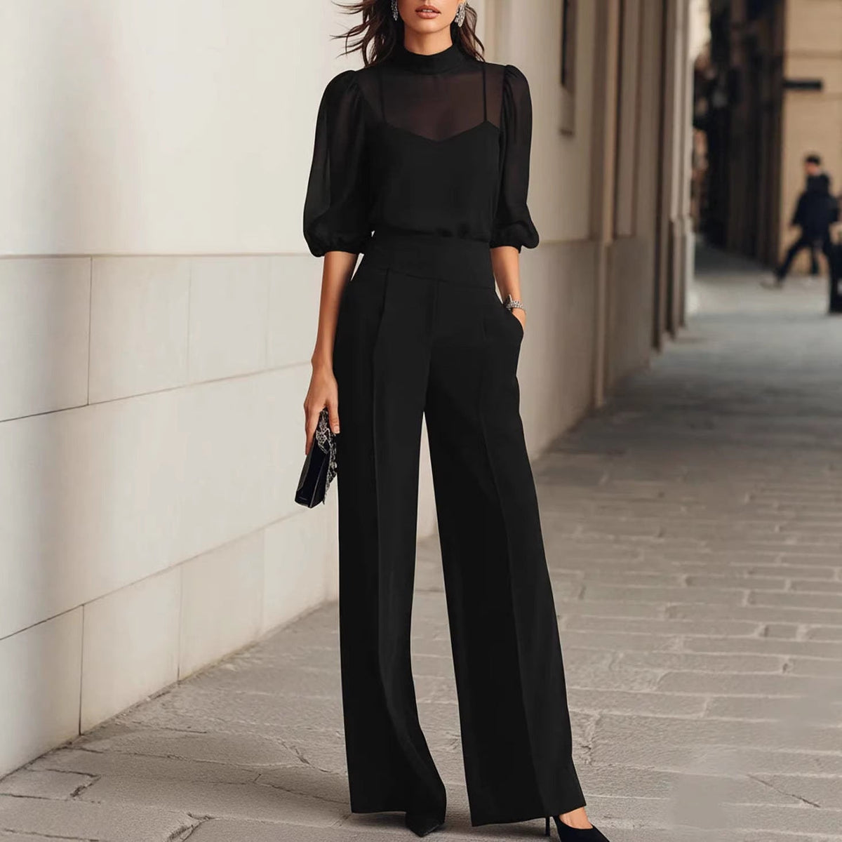 Women's Elegant Blouse Set with Wide-Leg Trousers and Sheer Sleeves