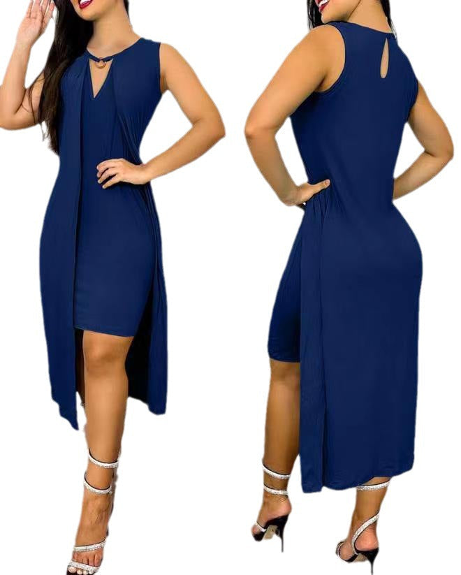 Women's Sleeveless Maxi Dress with Deep V-Neck and Side Slit