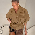 Women's Elegant Utility Jacket with Waist Belt and Practical Pockets