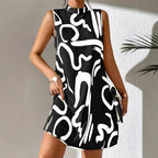 Women's A-Line Mini Dress with Modern Graphic Pattern and Stand-Up Collar