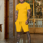 Men's slim Jersey set with round neck shirt and elastic drawstring shorts