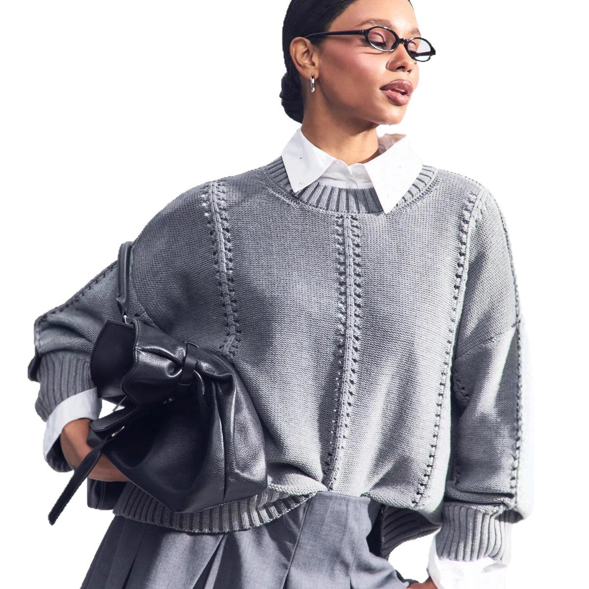 Women's Chunky Knit Sweater with Textured Detail and Wide Cut