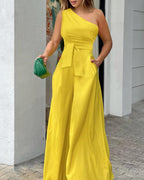 Elegant One-Shoulder Jumpsuit with Wide Leg and Waist Belt