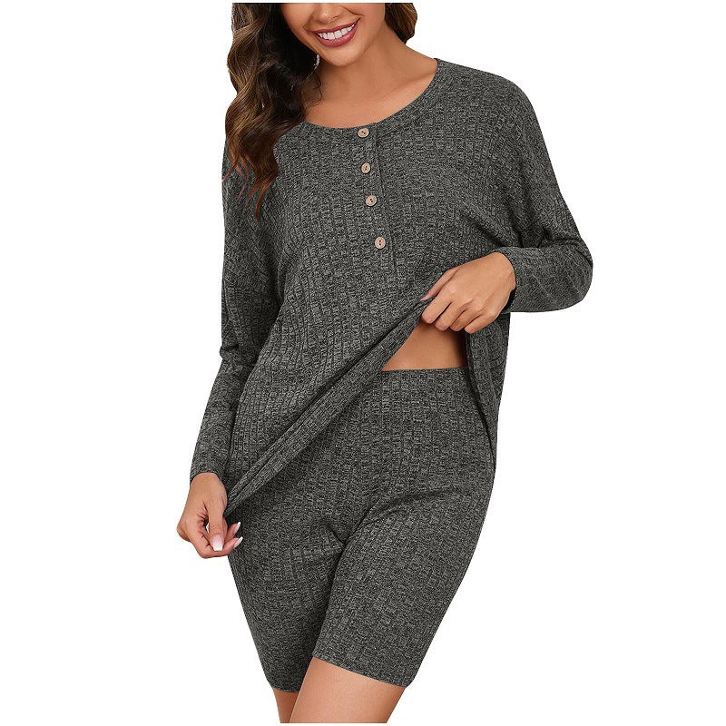 Women's Comfortable Lounge Set with Long-Sleeve Top and Shorts