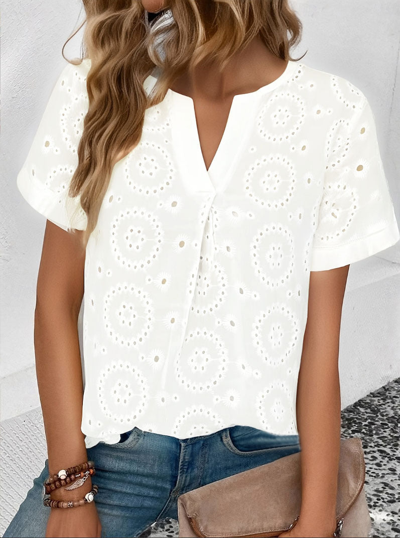 Women's Floral Eyelet Blouse with V-Neck