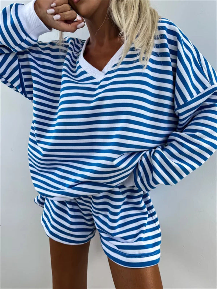 Women's Casual Short-Sleeve Set with Maritime Stripe Pattern and Elastic Waist