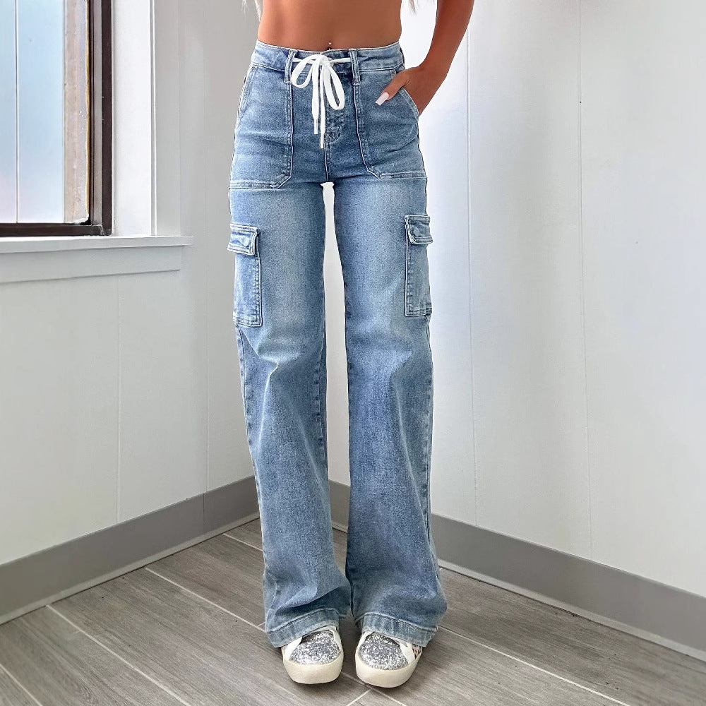 Women's Wide-Leg Cargo Jeans with Adjustable Waist