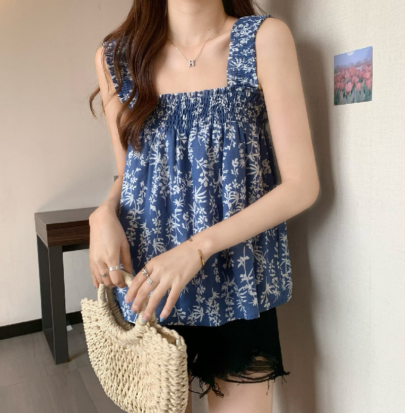 Women's Blouse Top with Floral Pattern and Elasticated Bodice