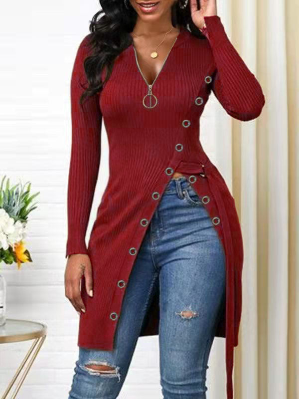 Women's Form-Fitting Wrap Shirt with Button Details and Deep V-Neck