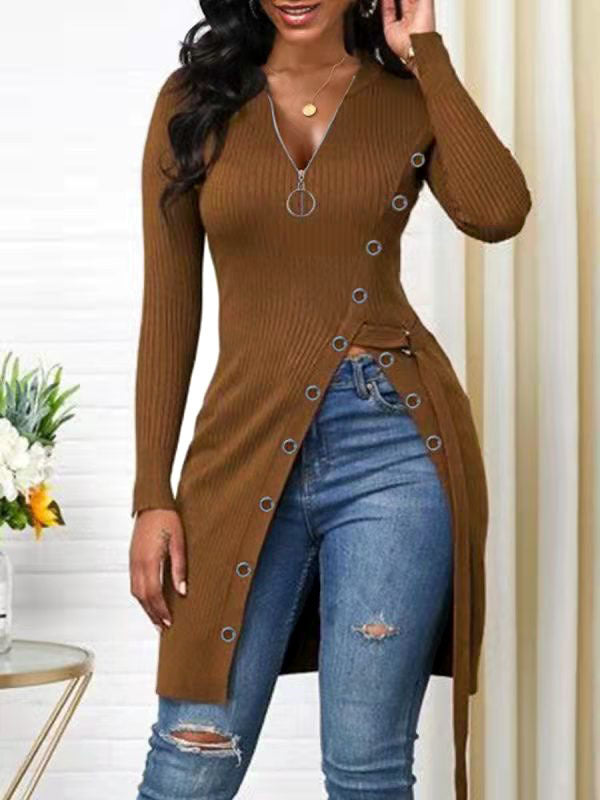Women's Form-Fitting Wrap Shirt with Button Details and Deep V-Neck