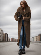 Women's Large Knit Coat with Deep Collar and Artistic Ribbed Pattern