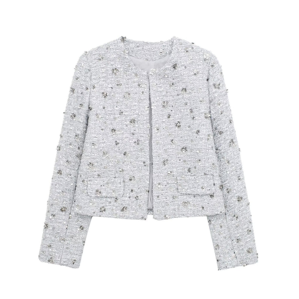Elegant Tweed Jacket with Sparkling Sequins and Structured Design