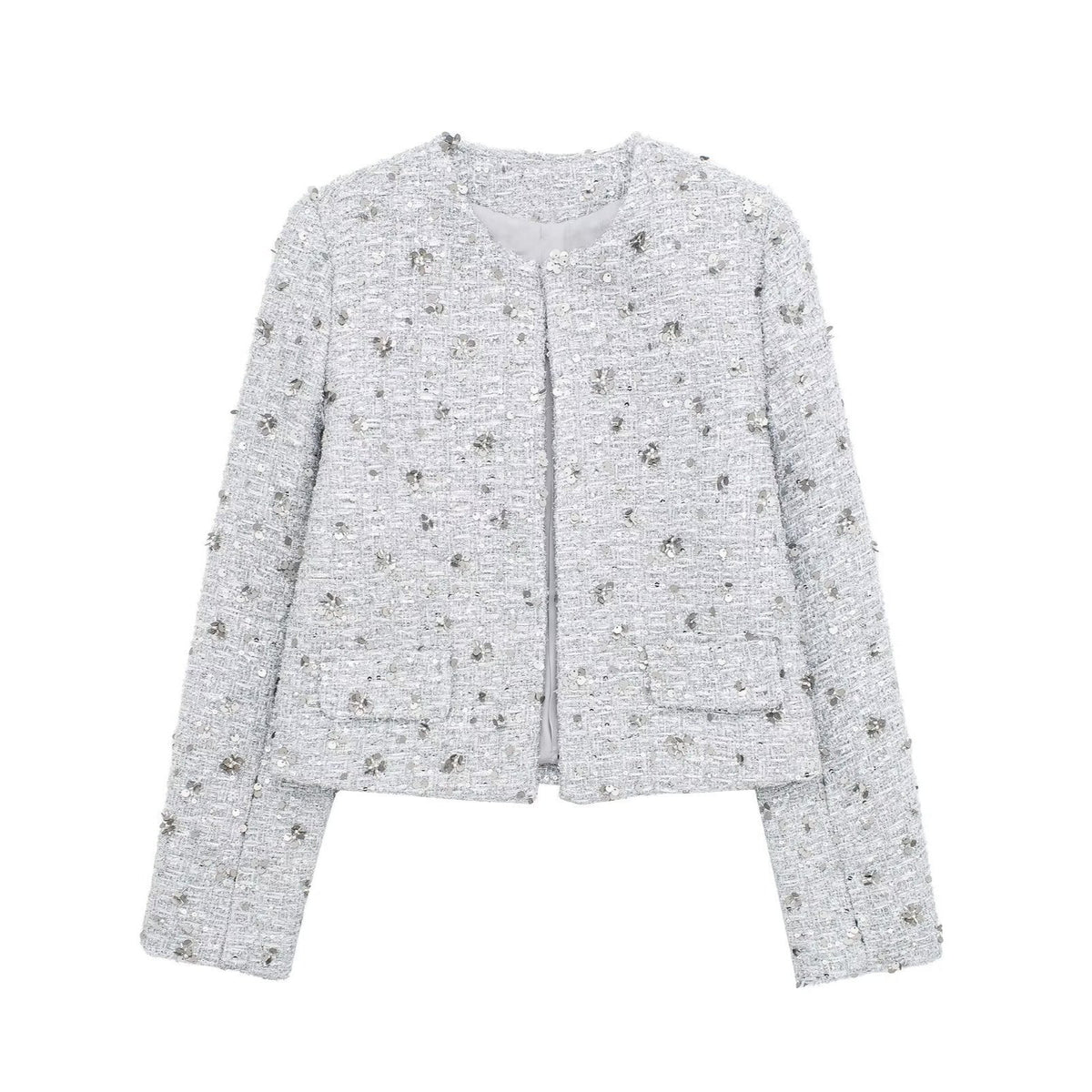Elegant Tweed Jacket with Sparkling Sequins and Structured Design