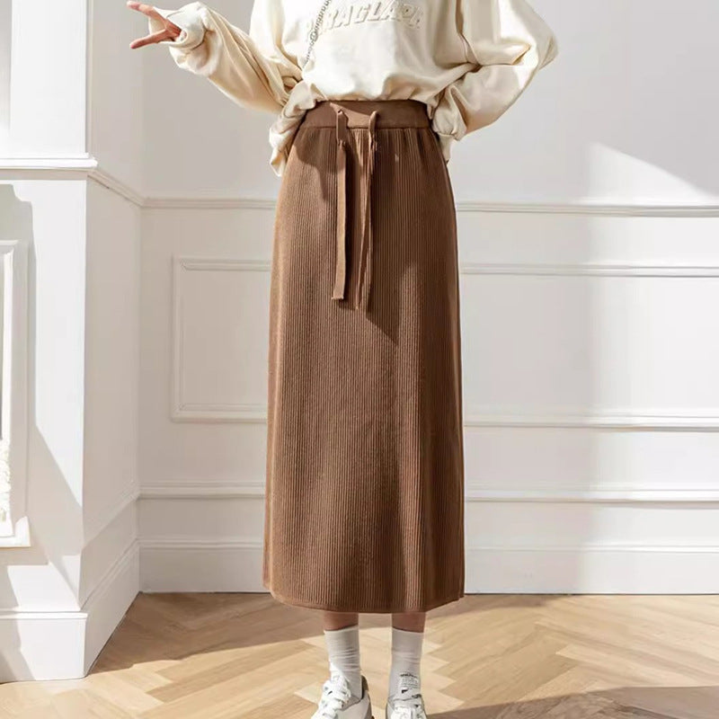 Women's Midi Skirt with Waist Tie and Ribbed Design