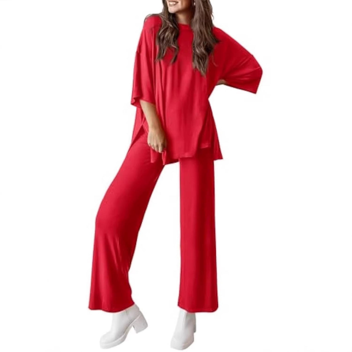 Women's Casual Lounge Set in Soft Jersey with Oversized Tunic and Wide Palazzo Pants
