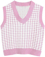 Women's Sleeveless Knit Vest with Modern Houndstooth Pattern