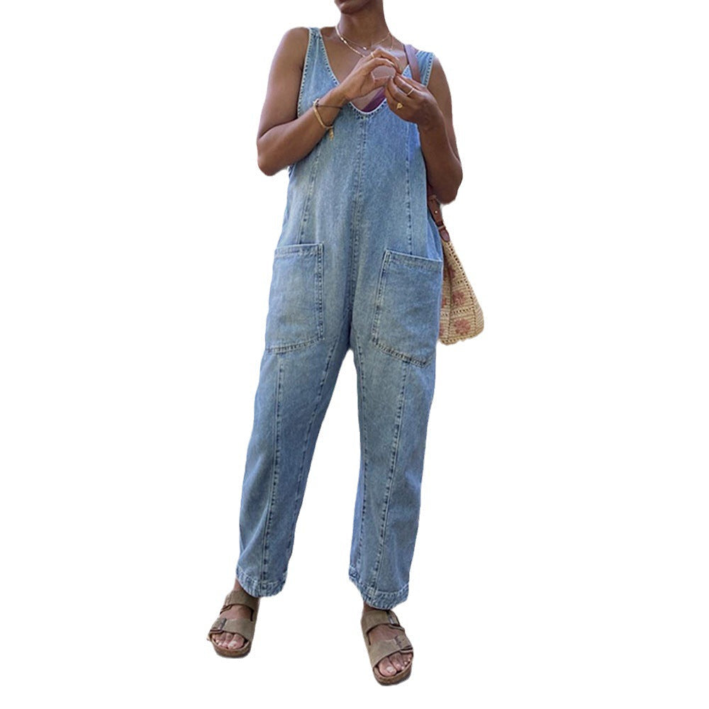 Women's Casual Deep Neckline Jumpsuit with Pockets