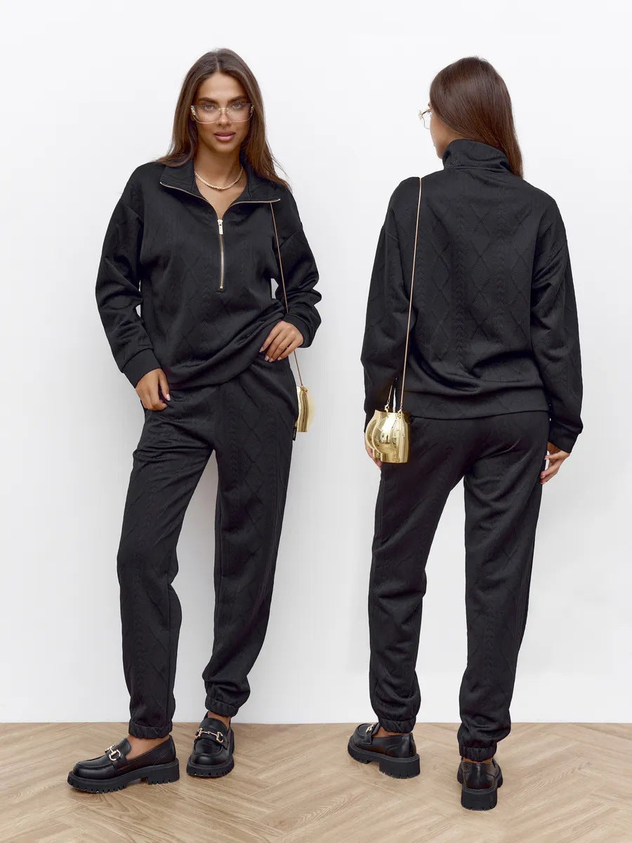 Women's Cable Knit Lounge Set with Half Zipper and High-Waisted Jogging Pants